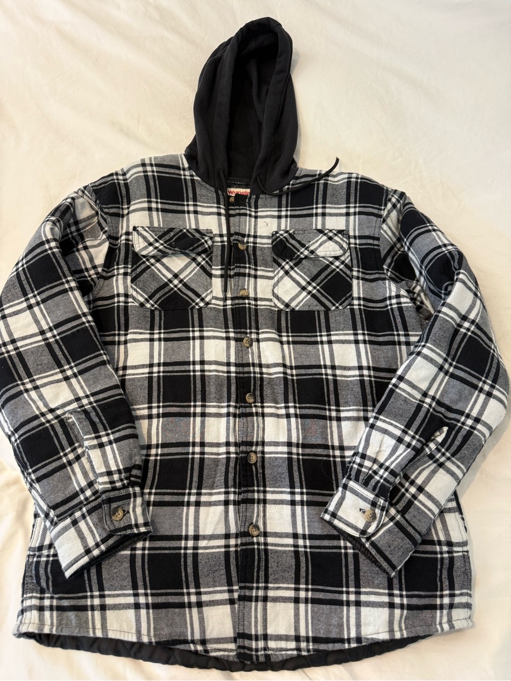 Wrangler Black & White Plaid Hooded Shirt Jacket